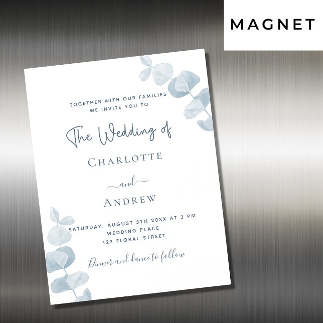 Invitation Magnétique Luxe mariage blanc bleu poussiéreux (Créateur téléchargé)
