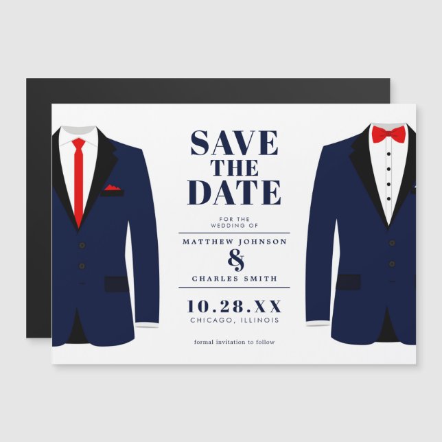 Invitation Magnétique M. & M. Modern Mariage Navy Tux - Sauvez la date (Devant / Derrière)
