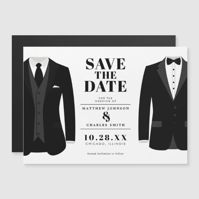 Invitation Magnétique M. & Mr. Modern Black Mariage Tux - Sauvez la date (Devant / Derrière)