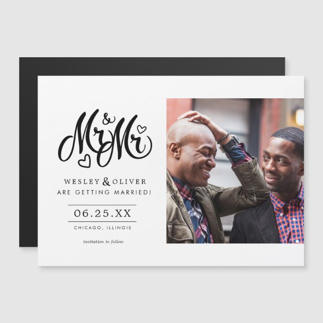 Invitation Magnétique M. & Mr Script - Enregistrer la date avec la photo (Devant / Derrière)