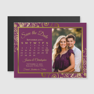 Invitation Magnétique Magenta Plum Gold Calendrier Photo Date d'enregist