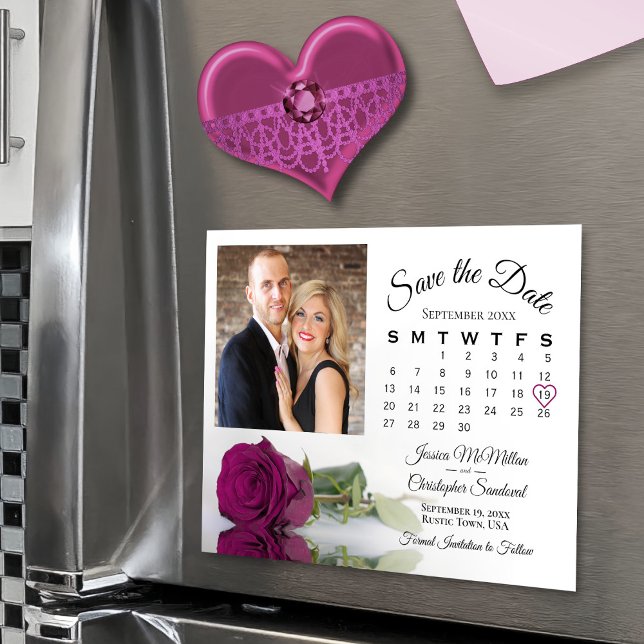 Invitation Magnétique Magenta Plum Rose Calendrier Photo Date d'enregist (Magnetic card for easy display!)
