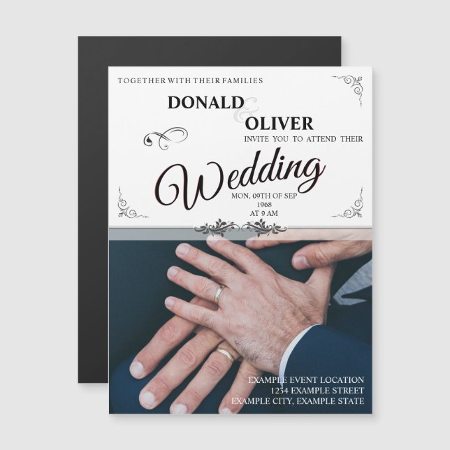 Invitation Magnétique Mains d'un couple de Mariages gais avec anneaux (Devant / Derrière)