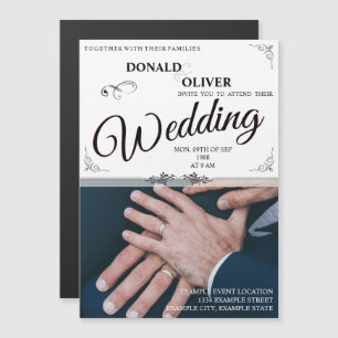 Invitation Magnétique Mains d'un couple gay de mariage avec des anneaux