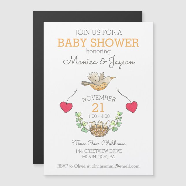 Invitation Magnétique Mama Bird with Hearts and Nest Baby shower (Devant / Derrière)