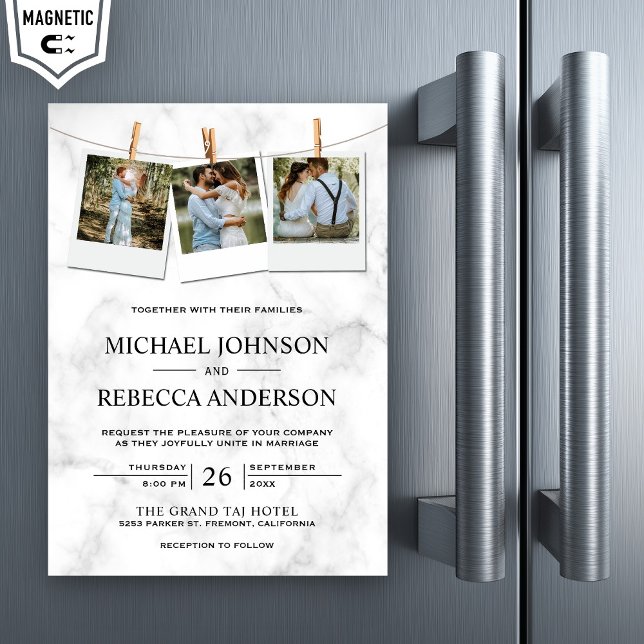 Invitation Magnétique Marbre blanc moderne élégant Photo Collage Mariage (Créateur téléchargé)