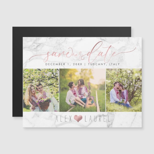 Invitation Magnétique Marbre PixDezines Économisez Notre Date/Faux Rose  (Devant / Derrière)