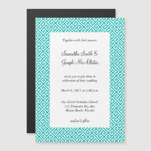 Invitation Magnétique Mariage à clé grecque diagonale turquoise et blanc