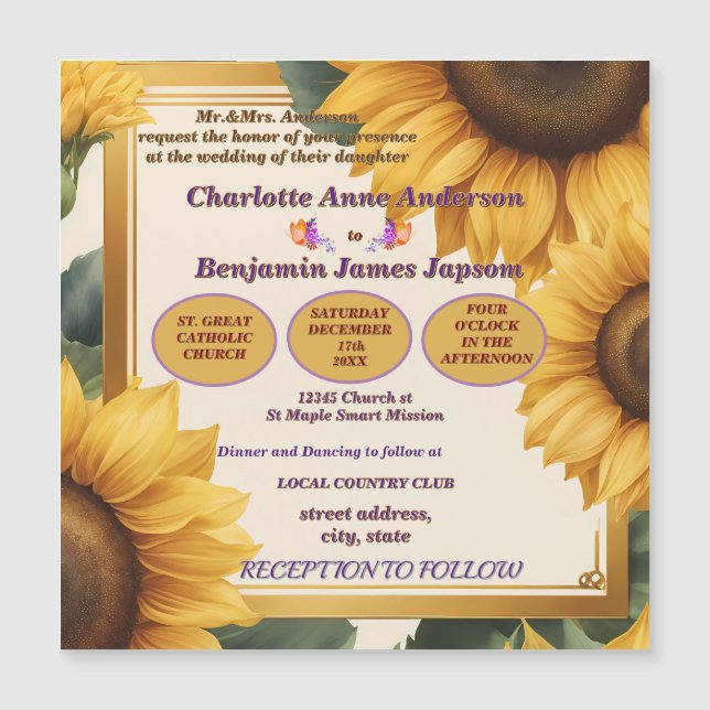 Invitation Magnétique Mariage à fleurs de tournesols (Devant)