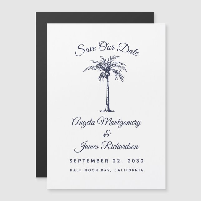 Invitation Magnétique Mariage à Palm Beach Bleu Navy Moderne Économisez  (Devant / Derrière)