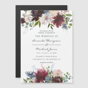 Invitation Magnétique Mariage aquarelle florale Bourgogne et Navy