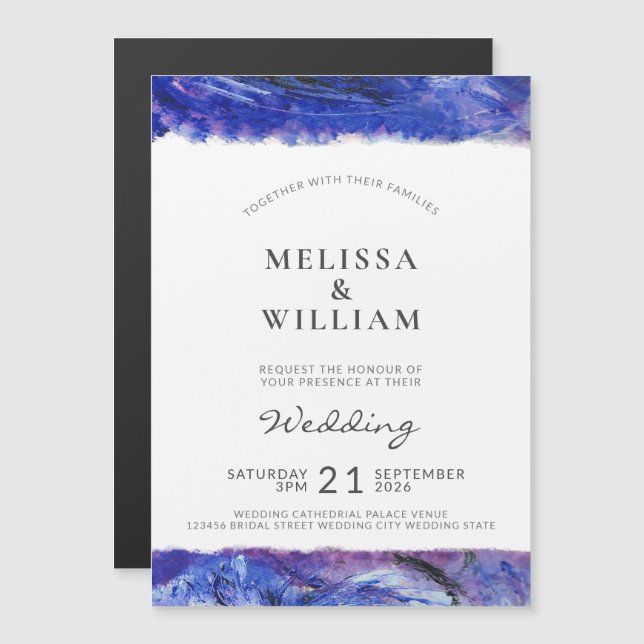 Invitation Magnétique Mariage Art Moderne Bleu (Devant / Derrière)