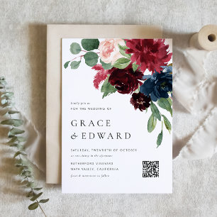 Invitation Magnétique Mariage avec code QR Fleurs Bordeaux et Bleu Marin