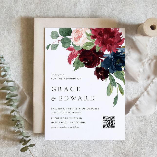 Invitation Magnétique Mariage avec code QR Fleurs Bordeaux et Bleu Marin (A floral QR code magnetic wedding invitation featuring watercolor burgundy and navy blue flowers. )