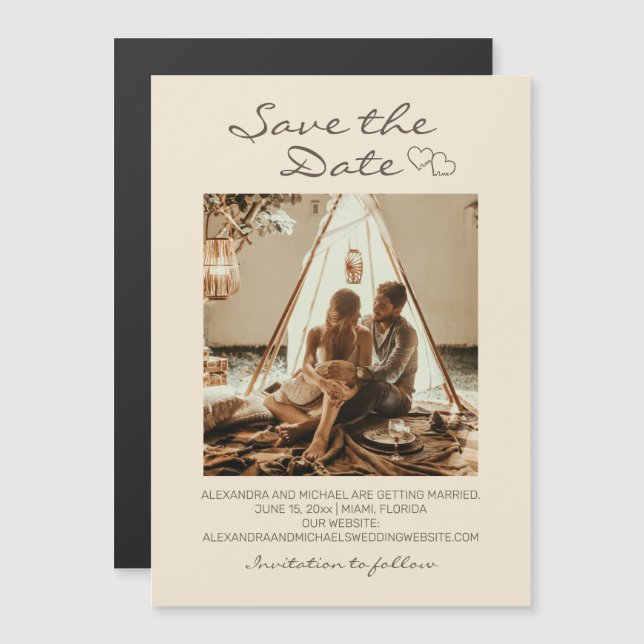Invitation Magnétique Mariage Bohème Rustique Cœurs (Devant / Derrière)