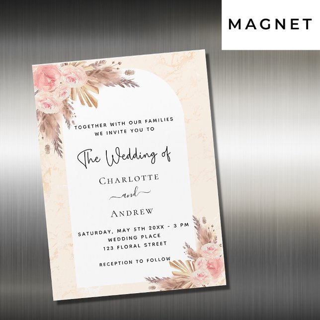 Invitation Magnétique Mariage boho pampas herbe rose or luxe (Créateur téléchargé)