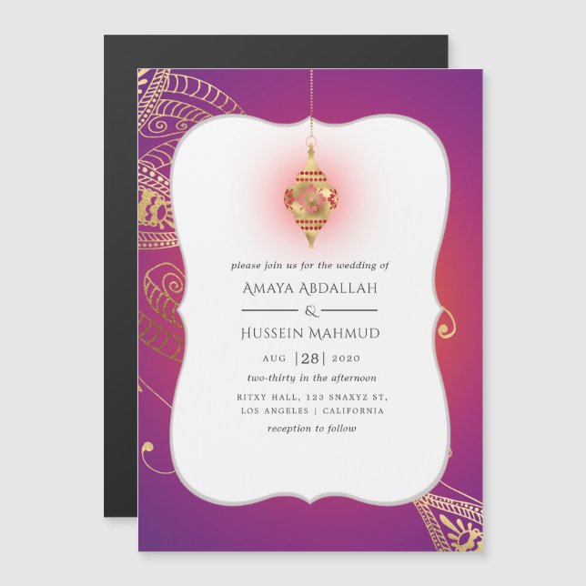 Invitation Magnétique Mariage Bollywood Arabe Feuille d'Or (Devant / Derrière)