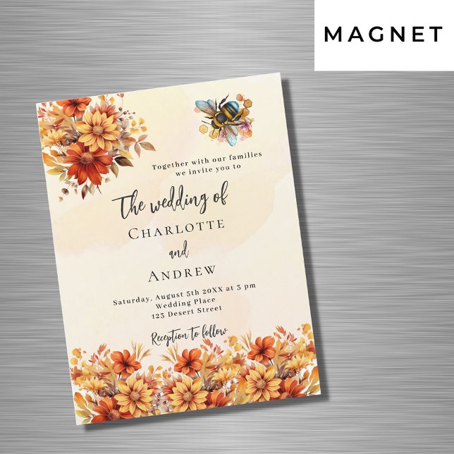 Invitation Magnétique Mariage brûlé orange fleurs d'automne abeille luxe (Créateur téléchargé)