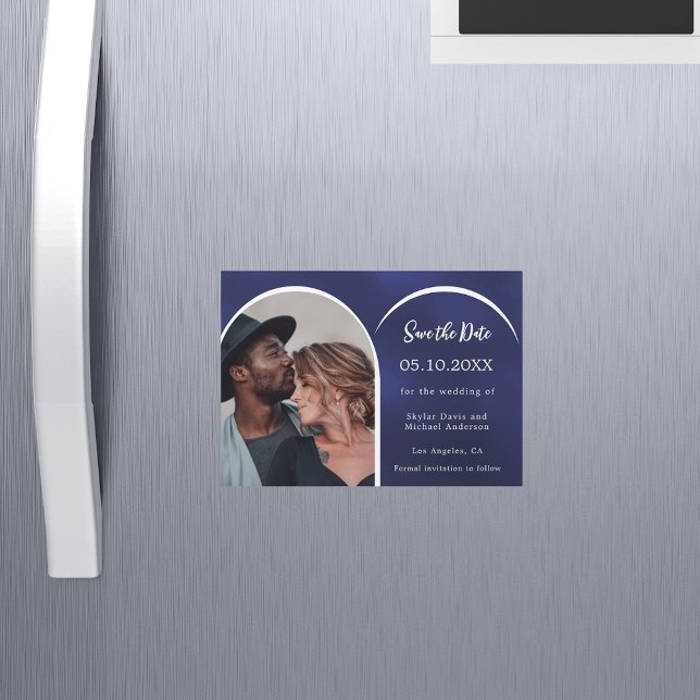 Invitation Magnétique Mariage d'arc photo bleu blanc Enregistrer la cart (Créateur téléchargé)