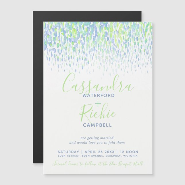 Invitation Magnétique Mariage d'art bleu vert cascade (Devant / Derrière)
