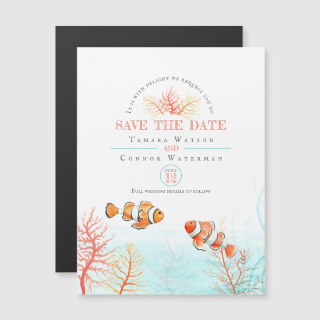 Invitation Magnétique Mariage date à sauvegarder aquatique corail poisso (Devant / Derrière)