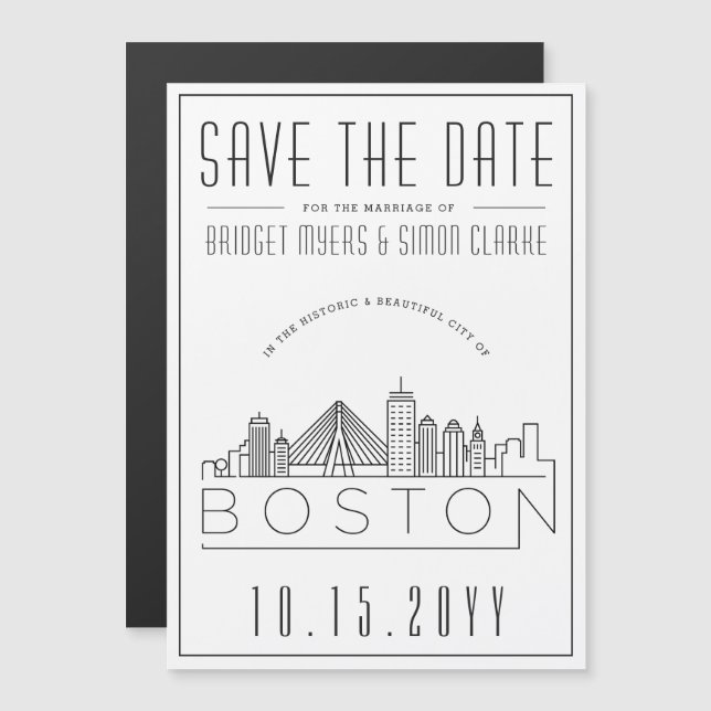 Invitation Magnétique Mariage de Boston | Skyline stylisée Enregistrer l (Devant / Derrière)