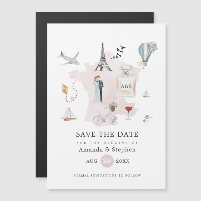 Invitation Magnétique Mariage de destination à Paris Monogramme Enregist (Devant / Derrière)
