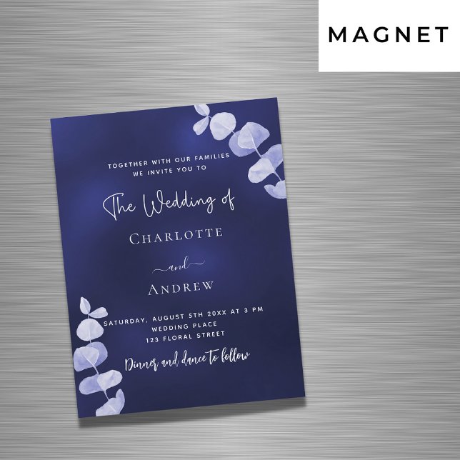 Invitation Magnétique Mariage de luxe à l'eucalyptus bleu marine (Créateur téléchargé)