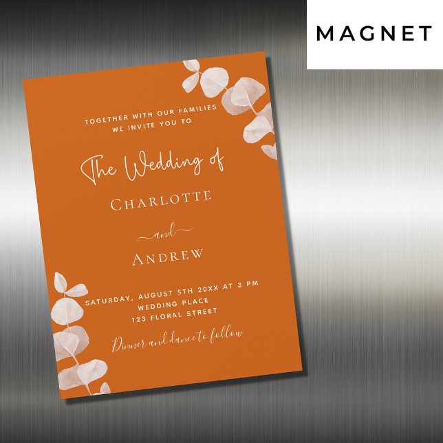 Invitation Magnétique Mariage de luxe à l'eucalyptus orange brûlé (Créateur téléchargé)