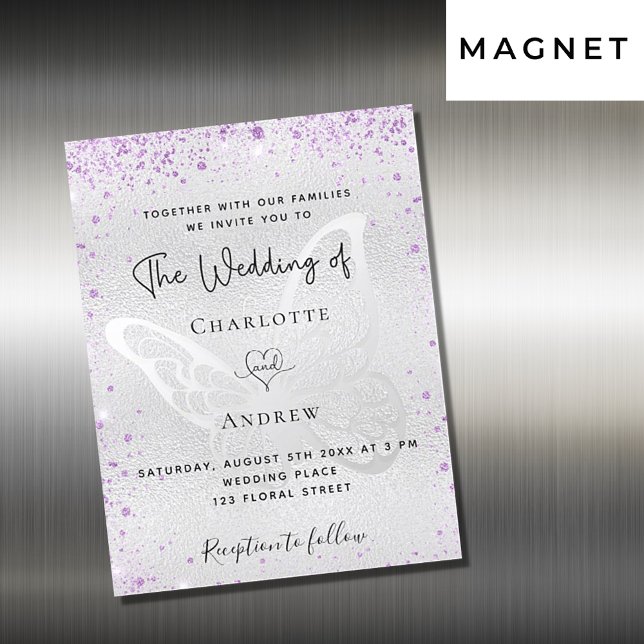 Invitation Magnétique Mariage de luxe papillon violet argenté (Créateur téléchargé)