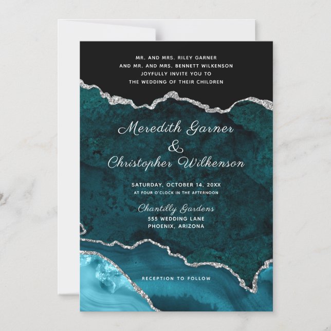 Invitation Magnétique Mariage de Parties scintillant en argent turquoise (Recto)