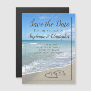 Invitation Magnétique Mariage de plage Coeurs Monogrammes dans le sable
