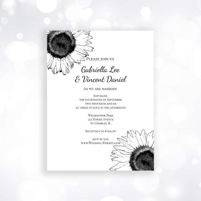 Invitation Magnétique Mariage de tournesols noir et blanc (Créateur téléchargé)