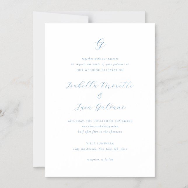 Invitation Magnétique Mariage élégant bleu et blanc de style côtier chic (Recto)