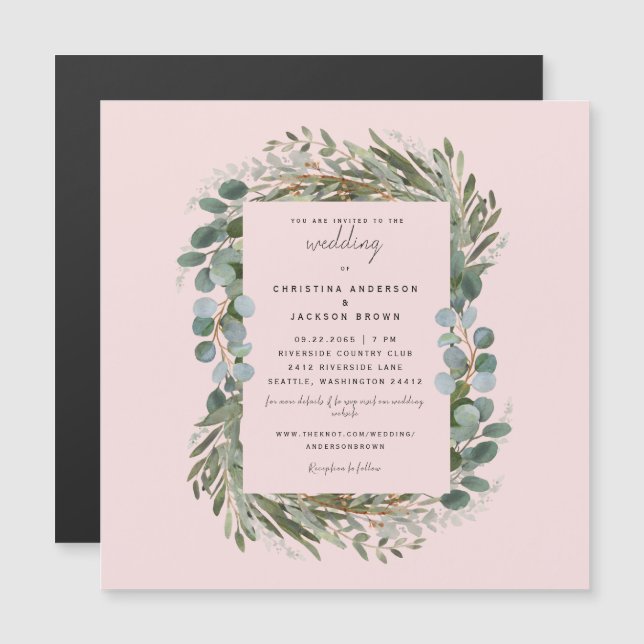 Invitation Magnétique Mariage élégant eucalyptus blush (Devant / Derrière)
