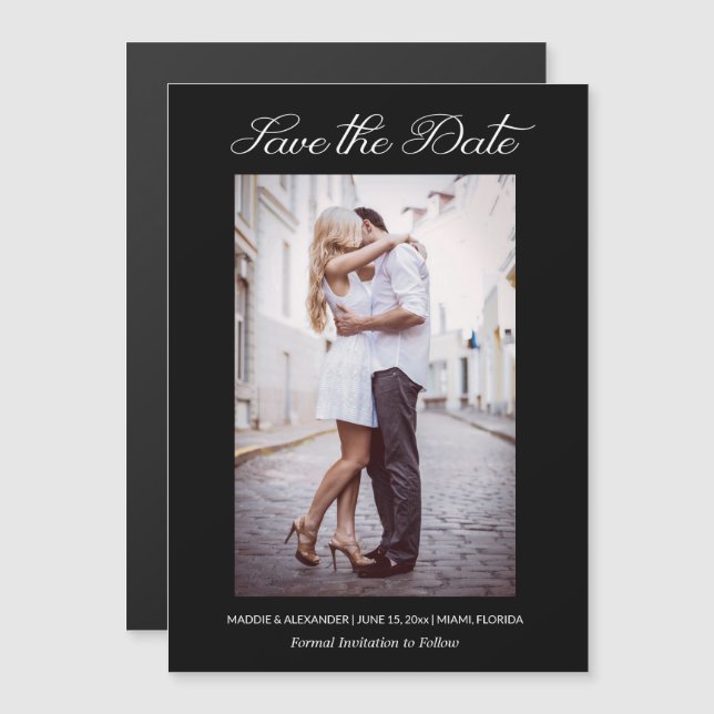 Invitation Magnétique Mariage élégant Fiançailles photo noir Date de sau (Devant / Derrière)