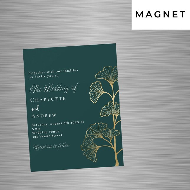 Invitation Magnétique Mariage émeraude vert ginkgo or feuille luxe (Créateur téléchargé)