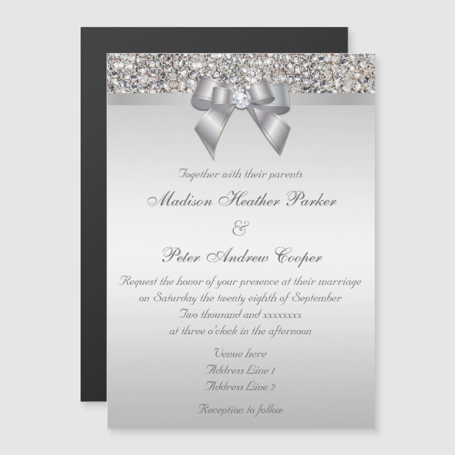 Invitation Magnétique Mariage Faux Séquins Argent Bow (Devant / Derrière)