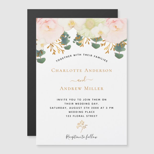 Invitation Magnétique Mariage floral blanc or rose (Devant / Derrière)