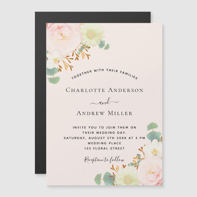 Invitation Magnétique Mariage floral blanc rose verdure (Devant / Derrière)