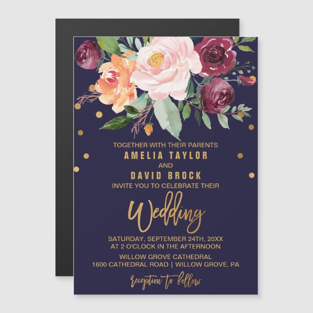 Invitation Magnétique Mariage floral d'automne (Devant / Derrière)