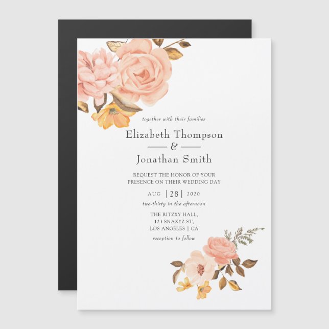 Invitation Magnétique Mariage floral rose et or (Devant / Derrière)