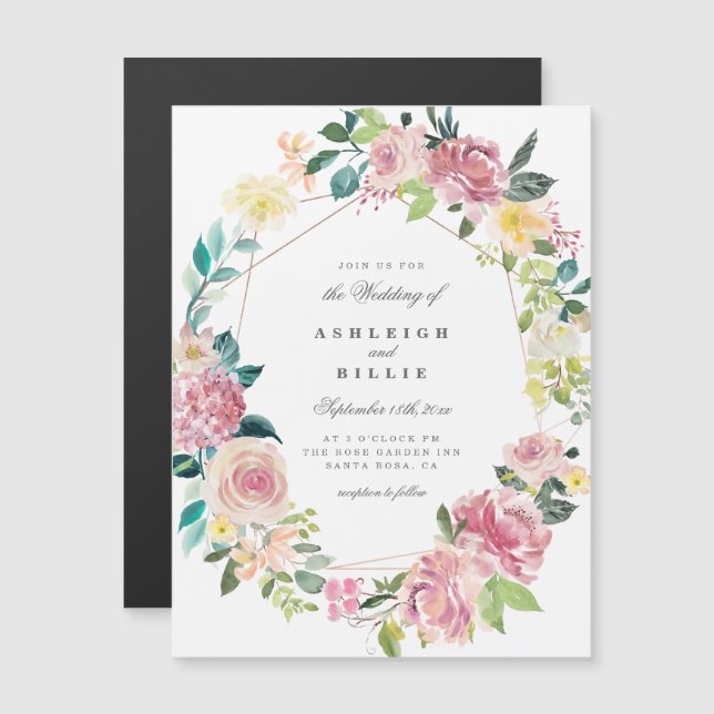 Invitation Magnétique Mariage géométrique Chic Watercolor Floral Wreath (Devant / Derrière)