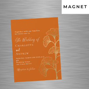 Invitation Magnétique Mariage ginkgo feuille brûlé or orange luxe