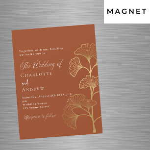Invitation Magnétique Mariage ginkgo feuille terre cuite brun or luxe