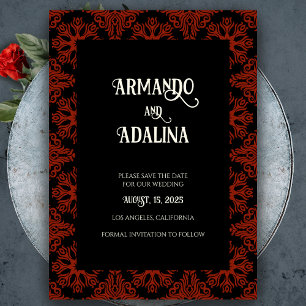 Invitation Magnétique Mariage gothique noir et rouge floral Enregistrer 