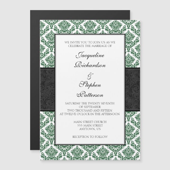 Invitation Magnétique Mariage magnétique en noir vert Damas invite (Devant / Derrière)