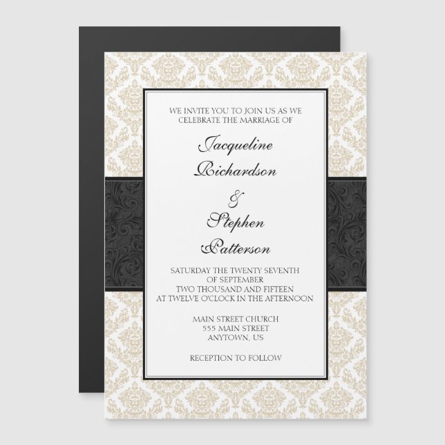 Invitation Magnétique Mariage magnétique Tan Beige Black Damask (Devant / Derrière)