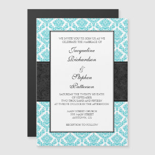 Invitation Magnétique Mariage magnétique Turquoise Noir Damas Invite