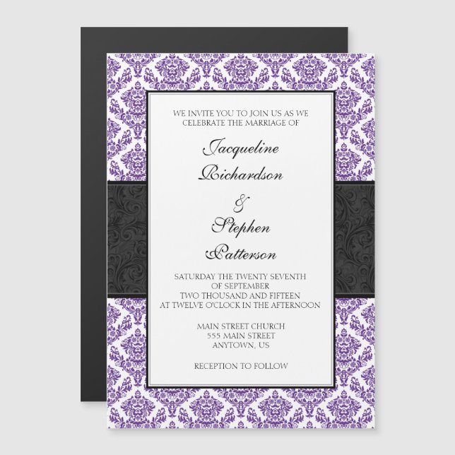 Invitation Magnétique Mariage magnétique violet noir Damas invite (Devant / Derrière)